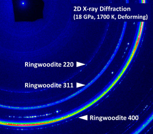 A 2D X-ray diffraction pattern of ringwoodite deformed at 18 GPa and 1700 K
